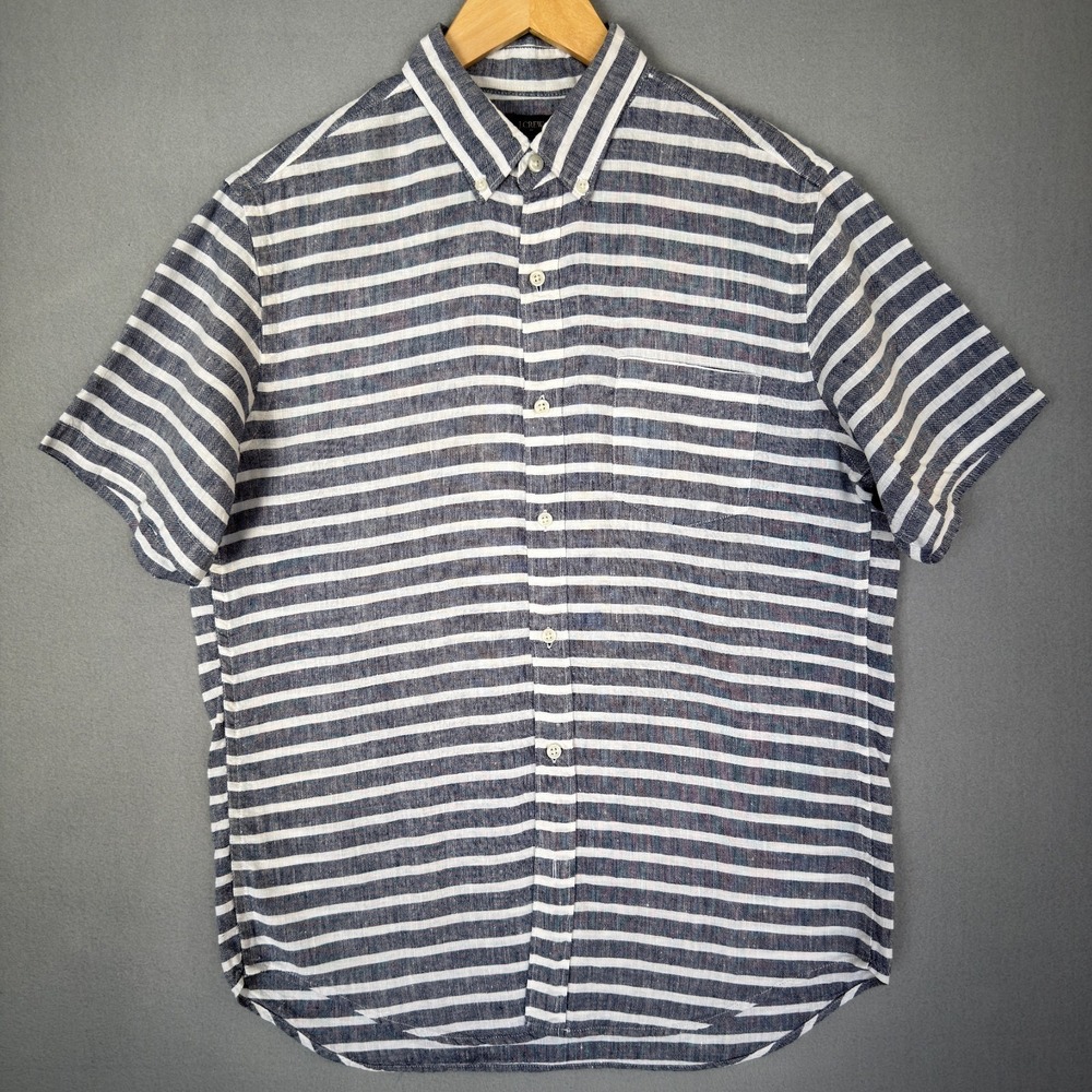 J Crew Men's Size M Navy White Striped Linen Short Sleeve Button Down Shirt